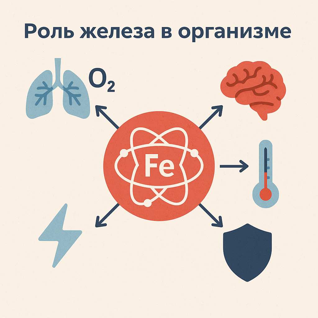 Инфографика: функции железа в организме — перенос кислорода, иммунитет, энергетический обмен, когнитивные процессы, терморегуляция.
